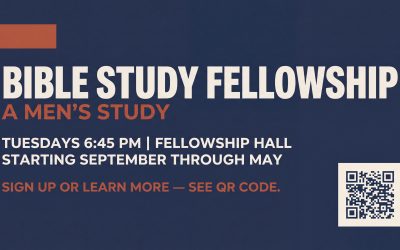 Bible Study Fellowship men's study announcement slide with sign-up QR code