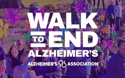 Walk to End Alzheimer's, Alzheimer's Association logo over crowd photo with purple flowers