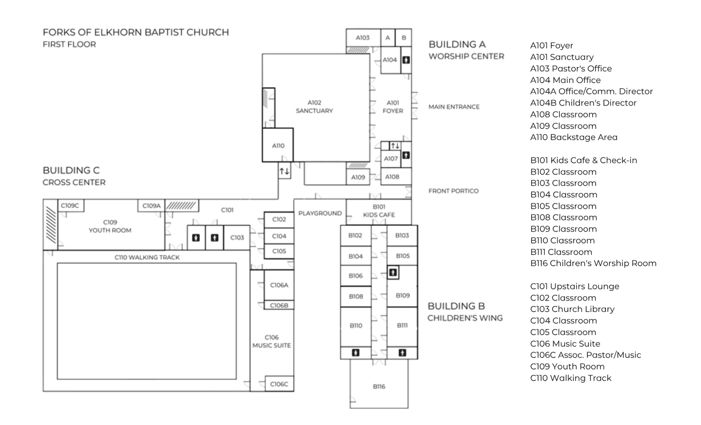Map of the first floor of Forks of Elkhorn Baptist Church showing Buildings A, B and C with room numbers