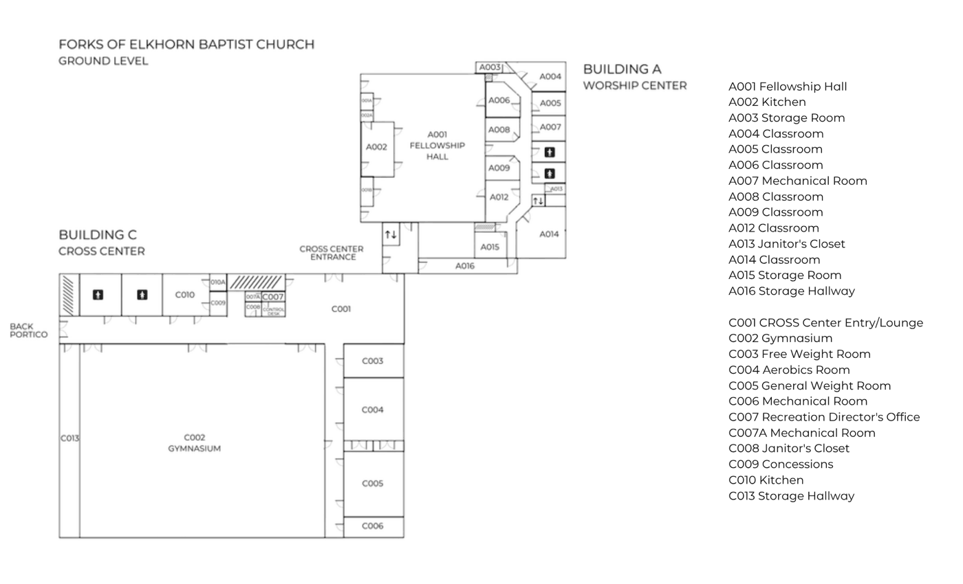 Map of the ground level of Forks of Elkhorn Baptist Church showing Buildings A and C with room numbers